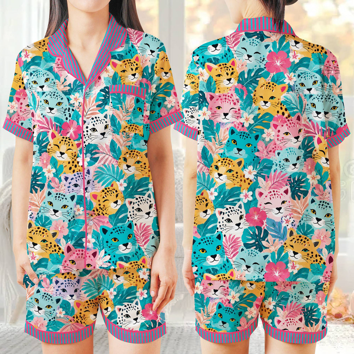 Fourth lifestyle view showing the striped pink and blue trim on the pajamas