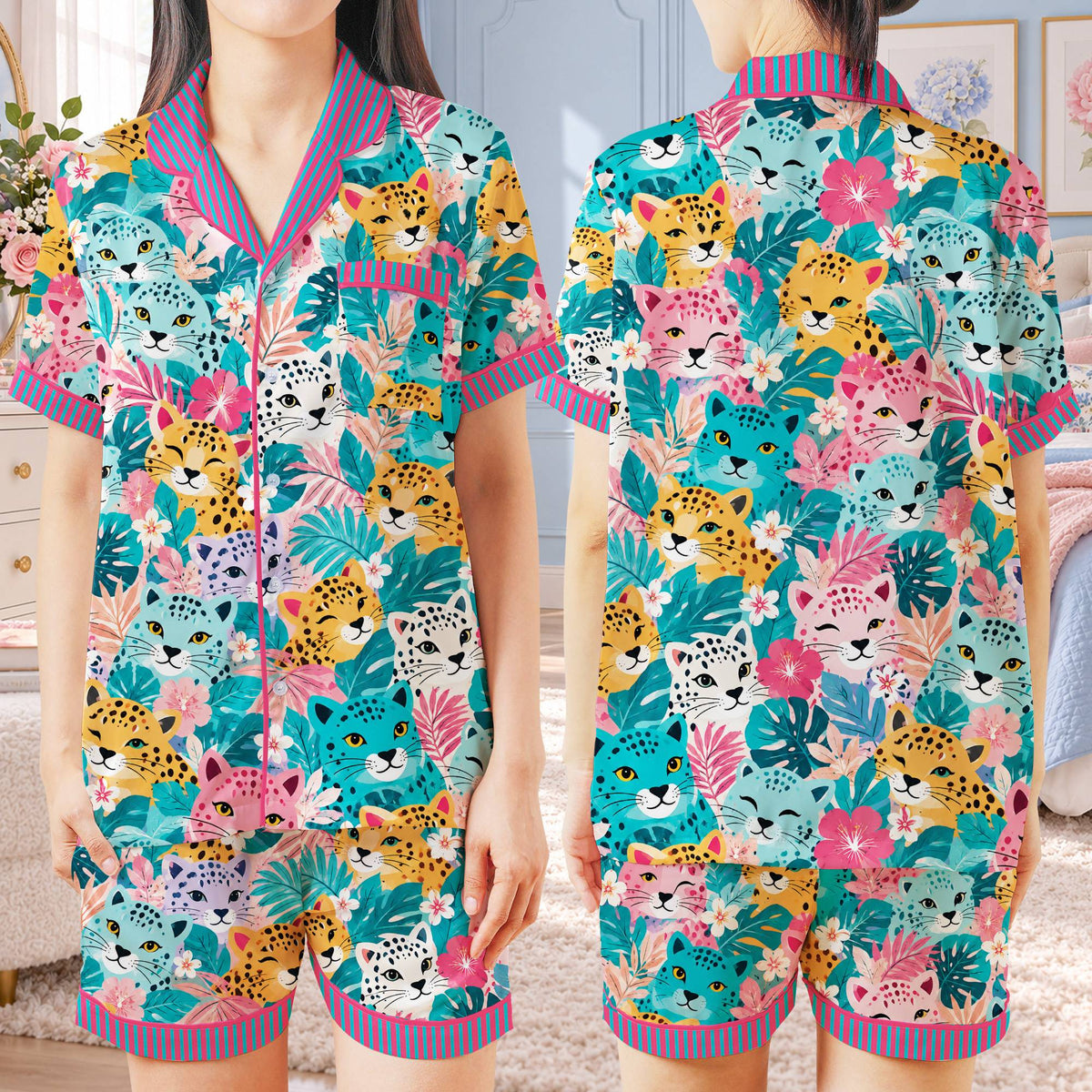 Seventh lifestyle view of the tropical cat floral pajama set