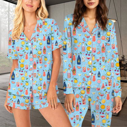 Front view of the tropical drinks pajama set showing the all-over cocktail print