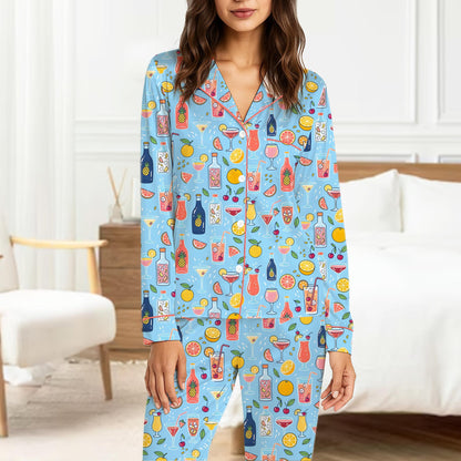 Third lifestyle view of the playful tropical drinks pajama set