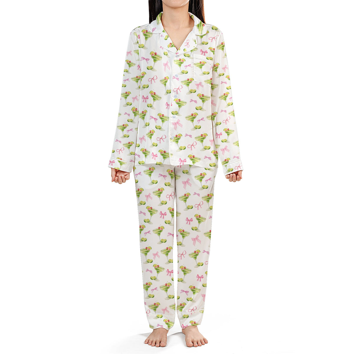 Close-up front view of the tropical drinks pajama set print