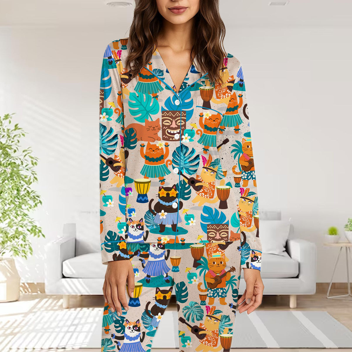 Family wearing matching pajamas tropical hawaiian cats lifestyle view