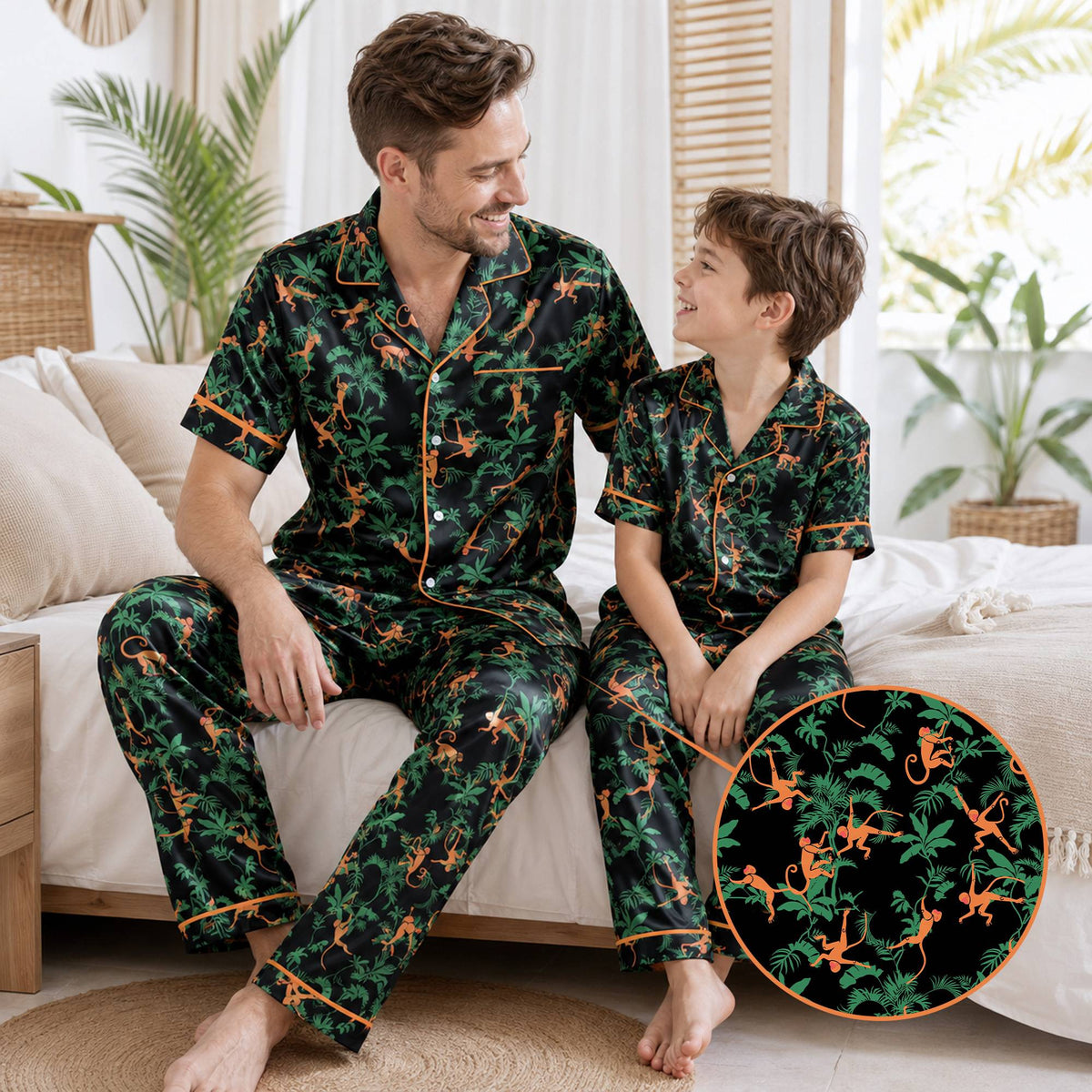 Adult lounging in matching family pajamas with vibrant tropical monkey print