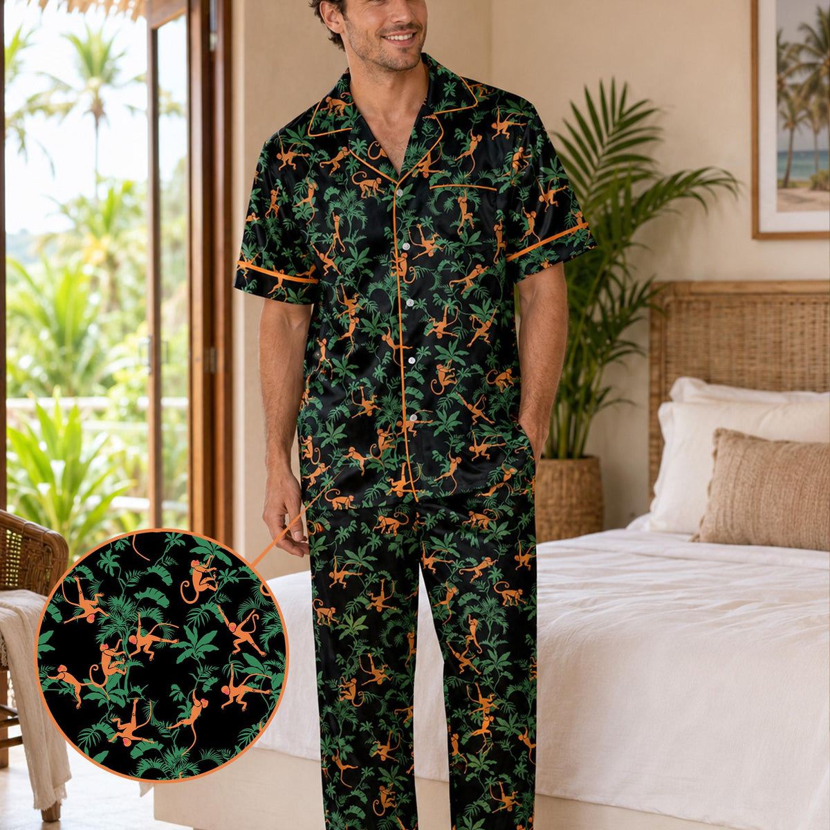 Full body lifestyle shot wearing matching pajamas for family with monkey design