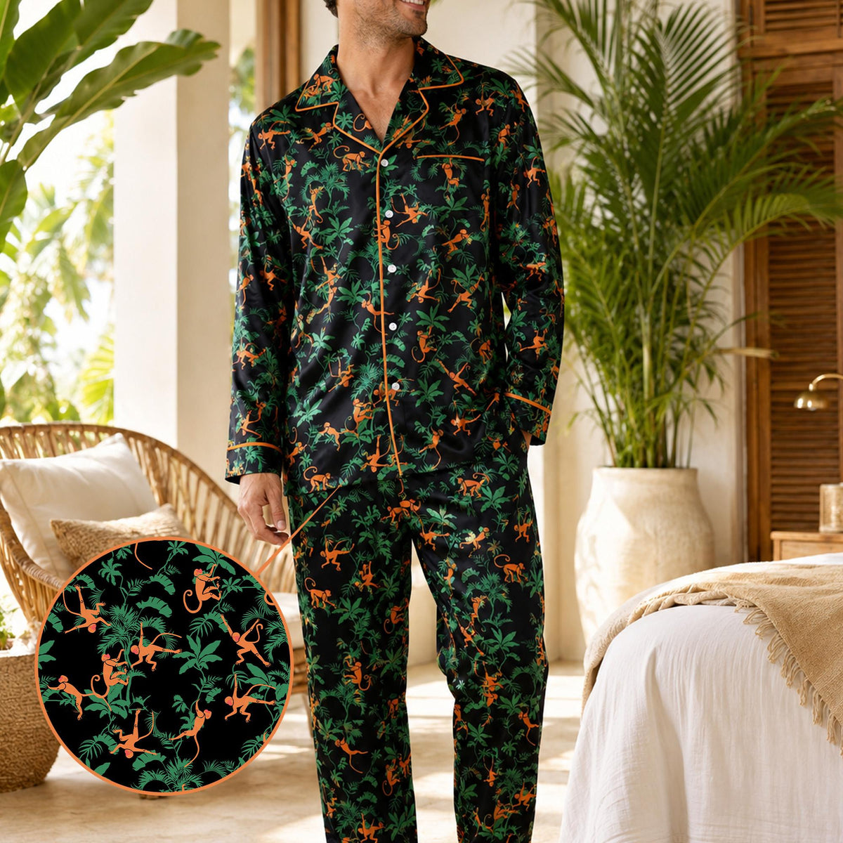 Adult smiling in comfortable tropical jungle monkeys pajama set