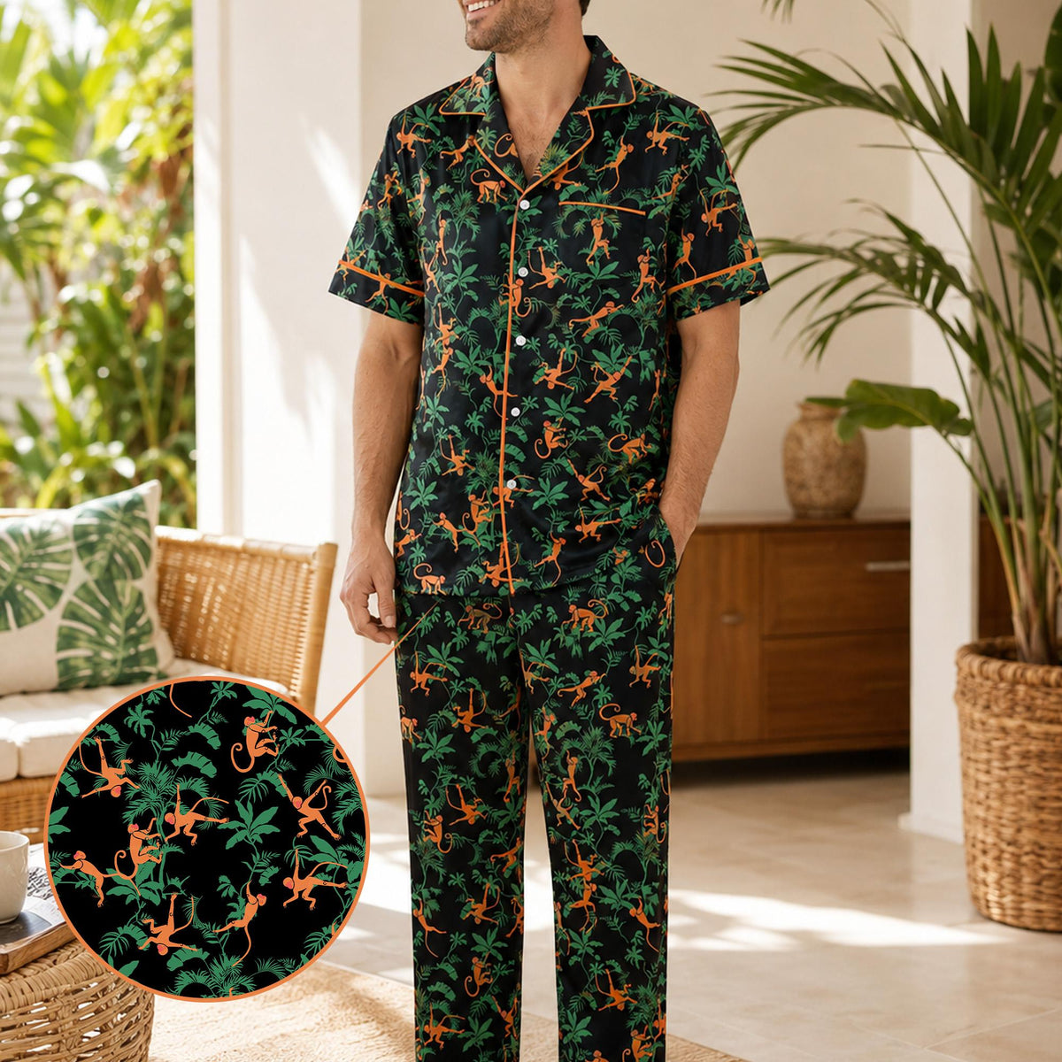 Adult wearing tropical jungle monkeys pajama set, lifestyle view