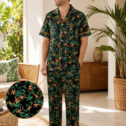 Adult wearing tropical jungle monkeys pajama set, lifestyle view