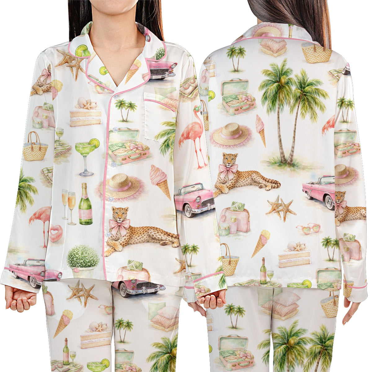 Front view of matching family pajamas in white and pink