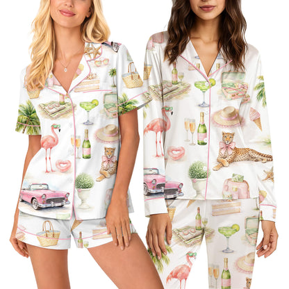 Front view of the tropical vacation pajama set highlighting flamingos and palm trees