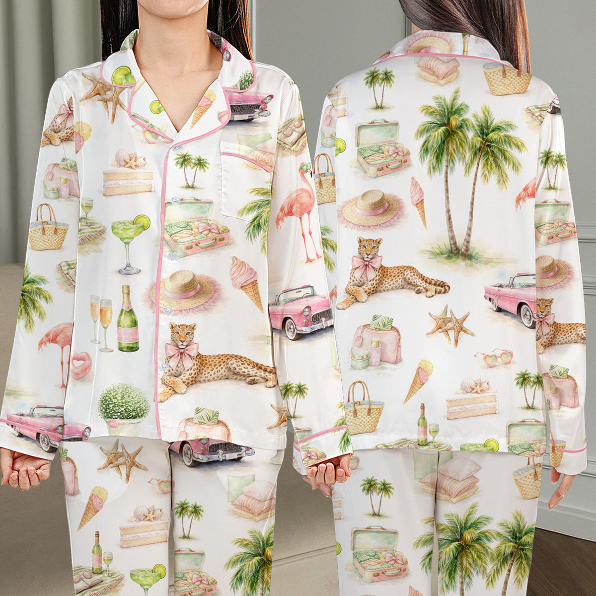 Front view of the tropical vacation pajama set showing pattern details