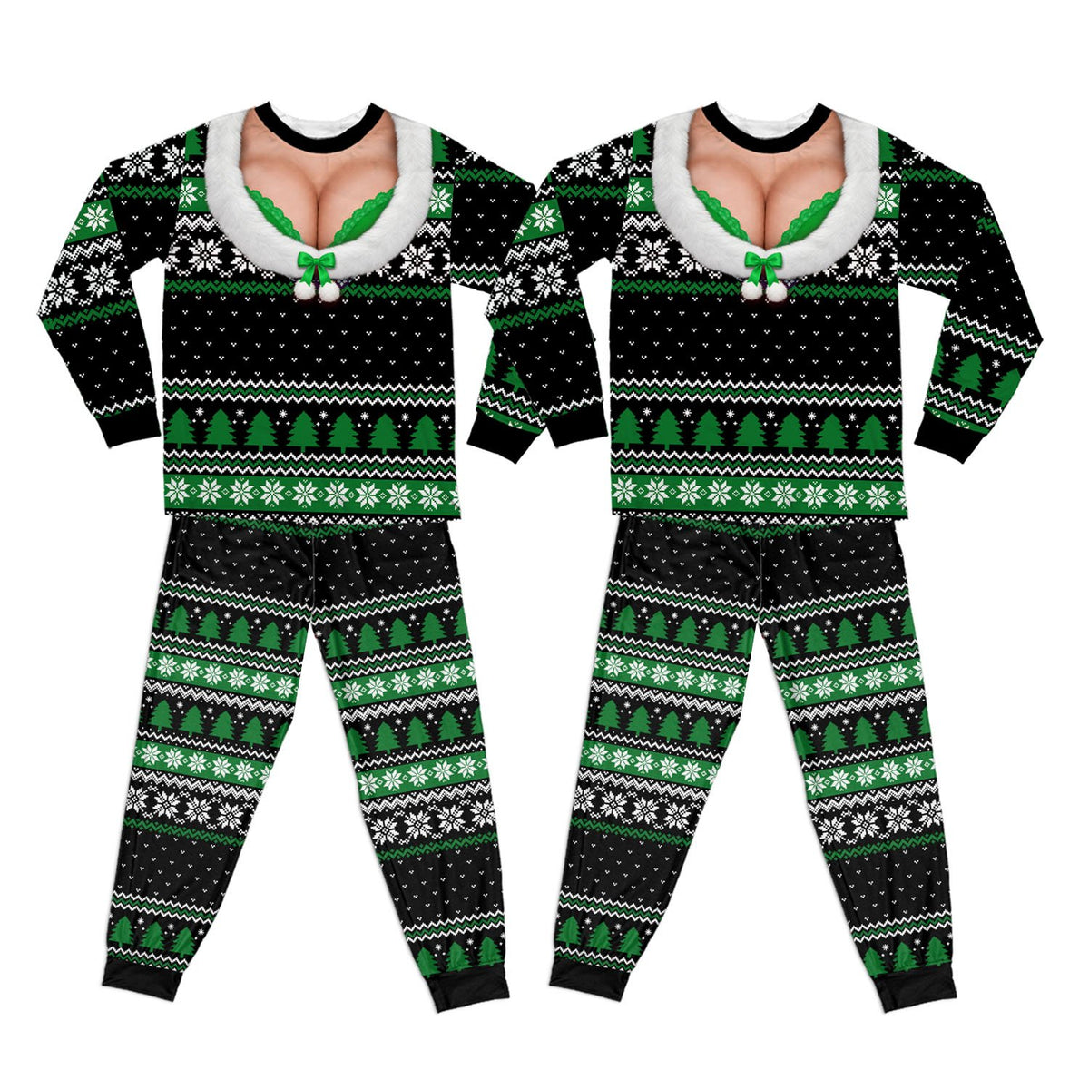 Ugly sweater pajama set with faux cleavage design in black, front view