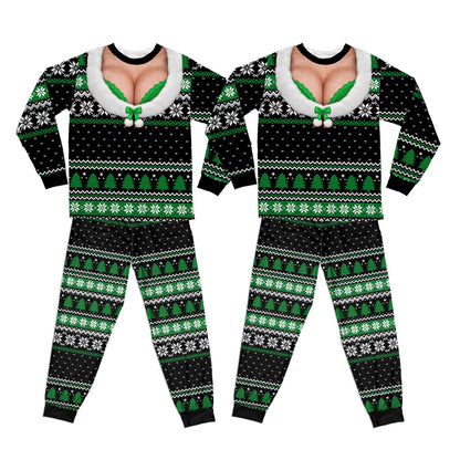 Ugly sweater pajama set with faux cleavage design in black, front view