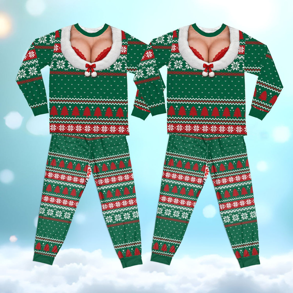 Ugly sweater pajama set with faux cleavage design in green, front view