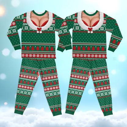 Ugly sweater pajama set with faux cleavage design in green, front view