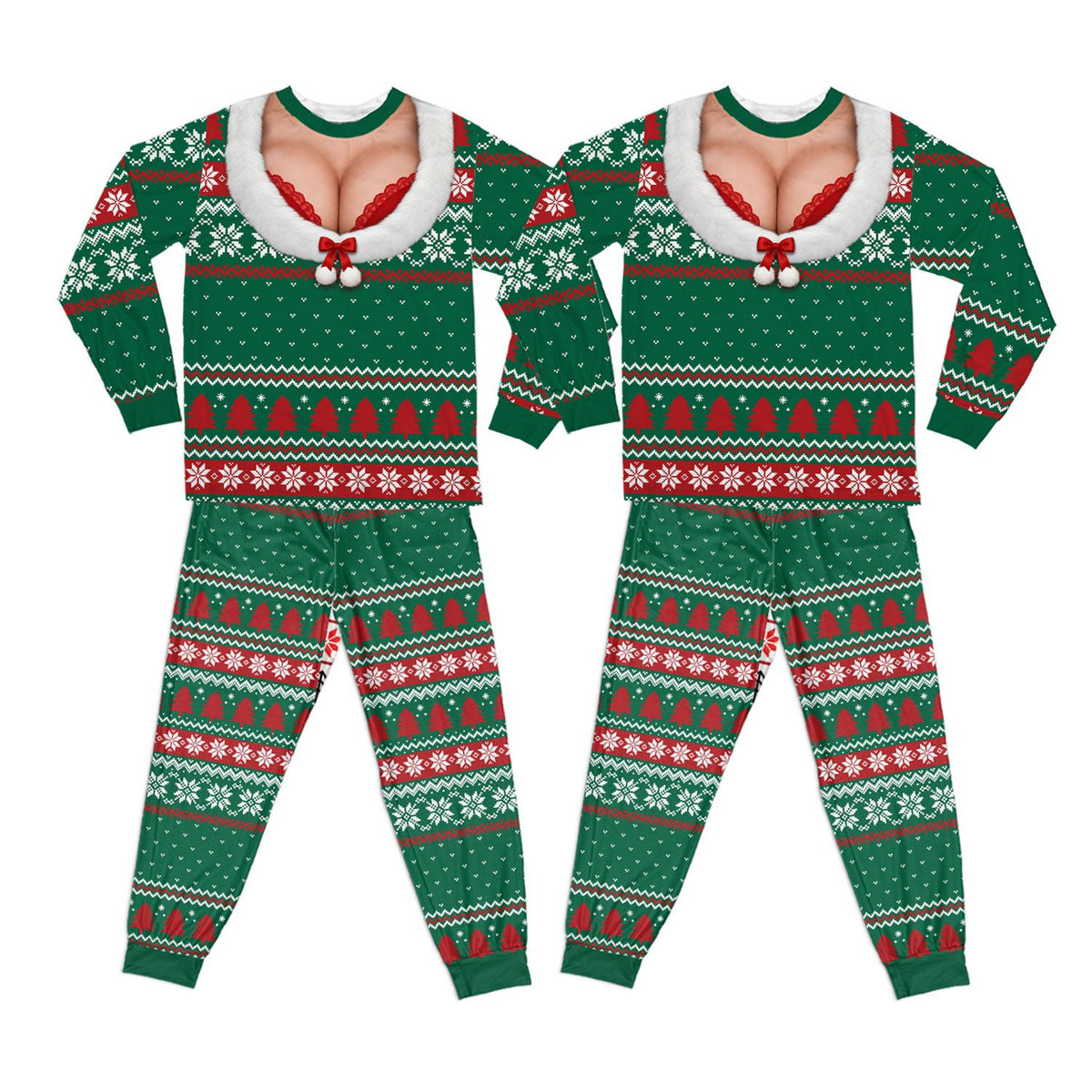 Ugly sweater pajama set with faux cleavage design in alternative green, front view