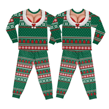Ugly sweater pajama set with faux cleavage design in alternative green, front view