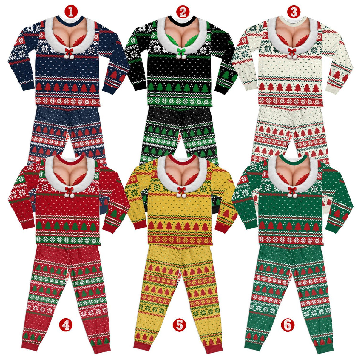 Ugly sweater pajama set with faux cleavage design in alternative multicolor, front view