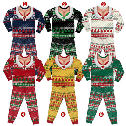 Ugly sweater pajama set with faux cleavage design in alternative multicolor, front view