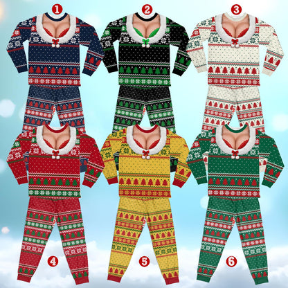 Ugly sweater pajama set with faux cleavage design in multicolor, main view