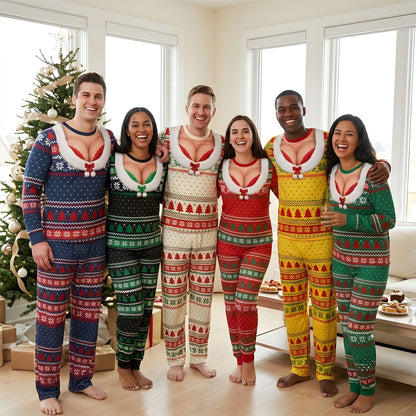 Lifestyle view of an adult wearing the ugly sweater pajama set with faux cleavage design