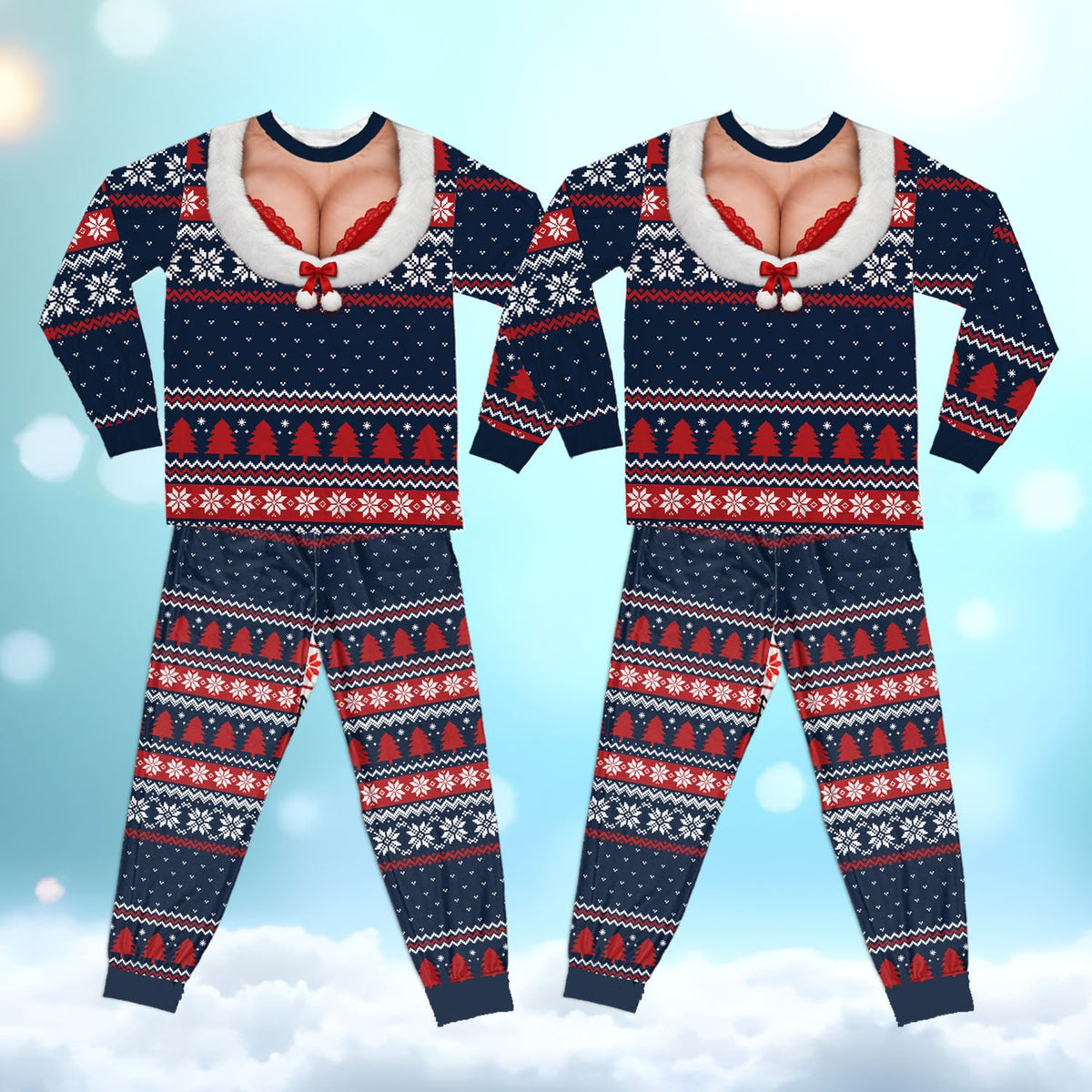 Ugly sweater pajama set with faux cleavage design in navy, front view