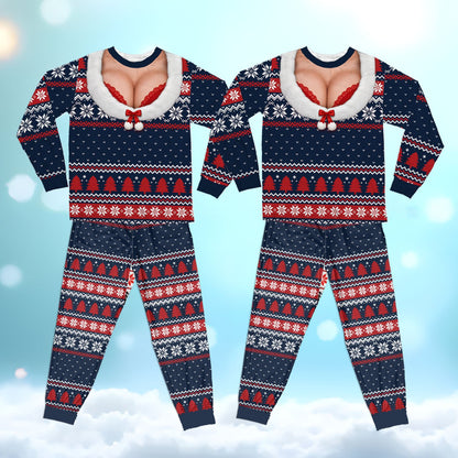 Ugly sweater pajama set with faux cleavage design in navy, front view