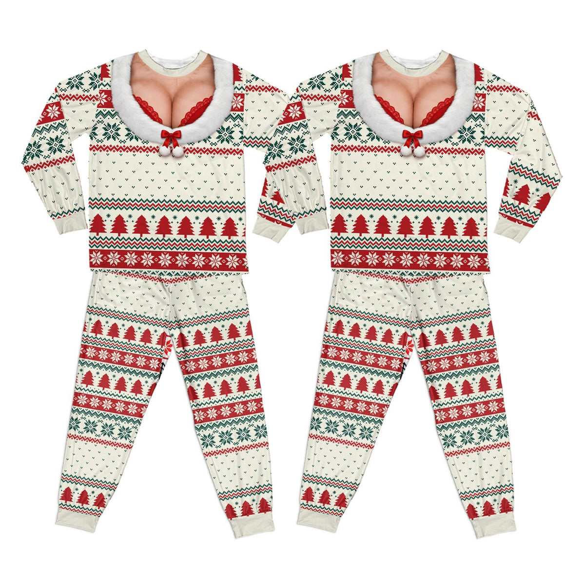 Ugly sweater pajama set with faux cleavage design in white, front view