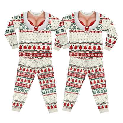 Ugly sweater pajama set with faux cleavage design in white, front view