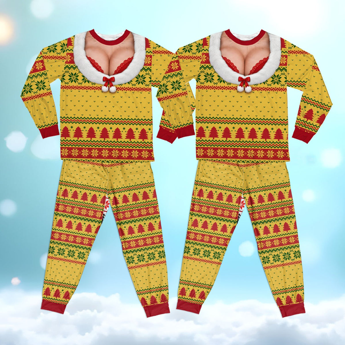 Ugly sweater pajama set with faux cleavage design in yellow, front view