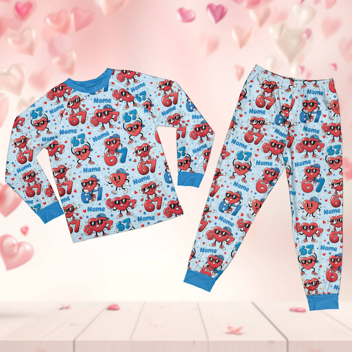 Front view of personalized blue valentine's day pajama set with custom name and number