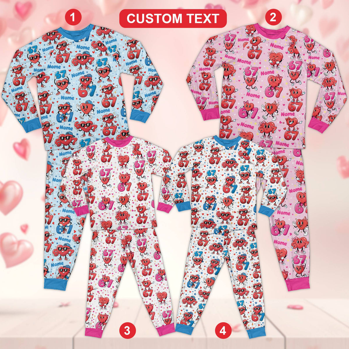 Front view of personalized white valentine's day pajama set with sunglasses heart pattern