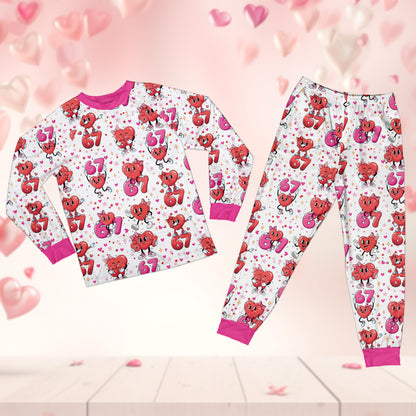 Front view of customized white pajama top and bottoms with valentine hearts
