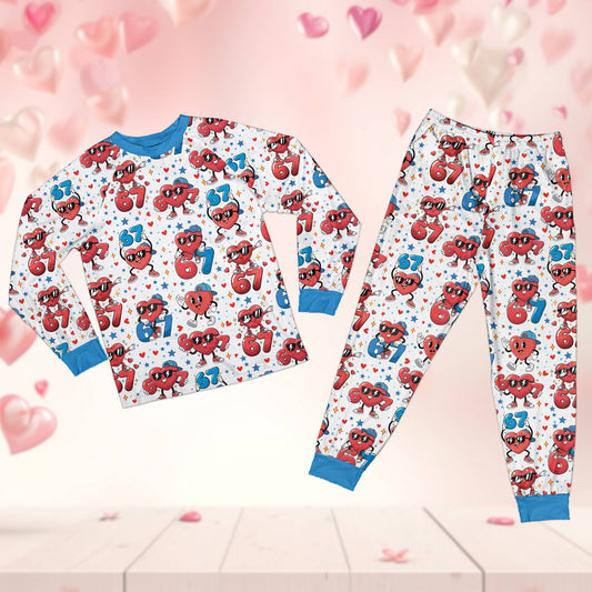Family wearing matching white valentine's day pajama set with retro hearts and custom names