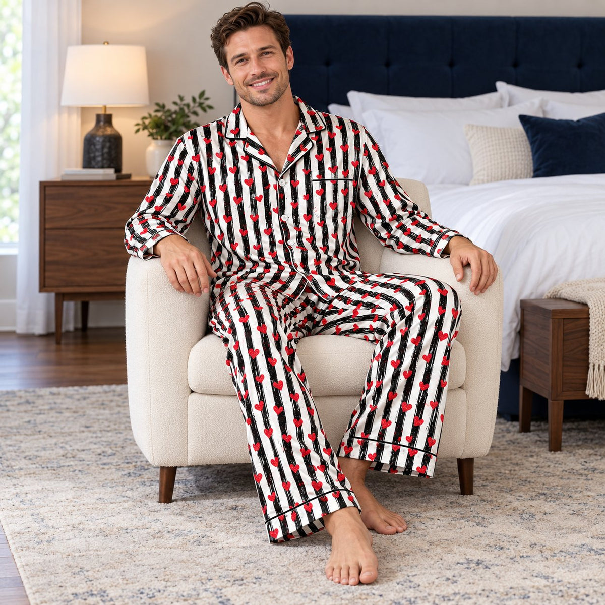 Family wearing matching valentine's day pajama set in living room