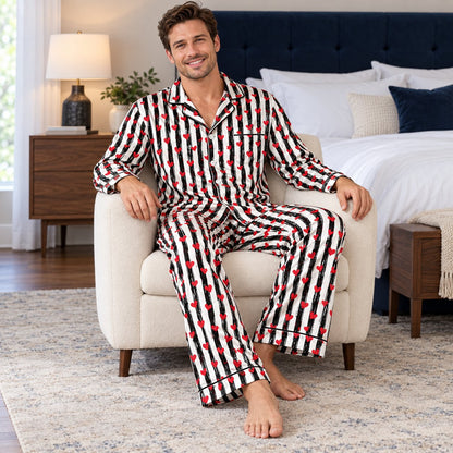 Family wearing matching valentine's day pajama set in living room