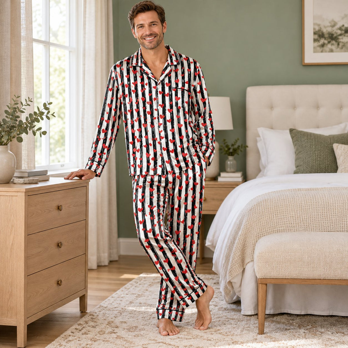 Lifestyle view of matching family pajamas featuring striped heart design