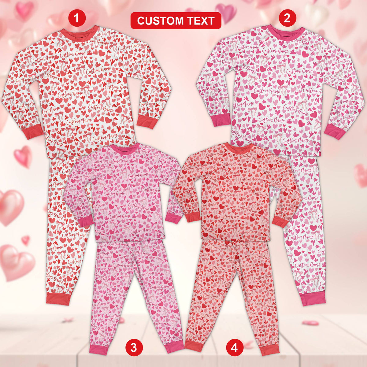 Pink and red custom valentines pajama set for adults, front view