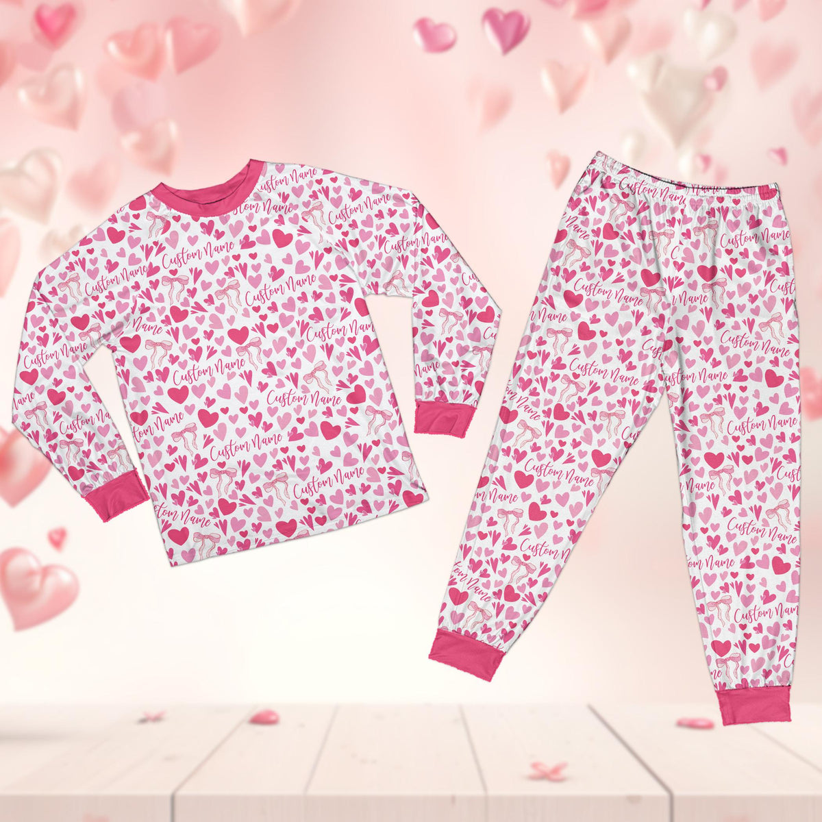 Custom name and number pajamas with valentines design, front view 3