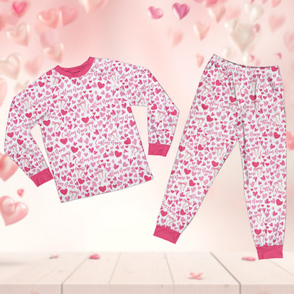 Custom name and number pajamas with valentines design, front view 3