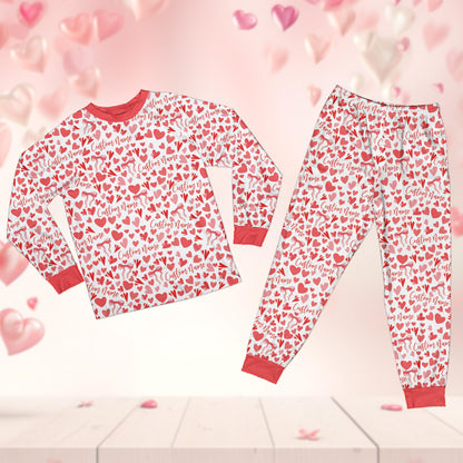Matching family valentines pajama set with custom name and number, main view