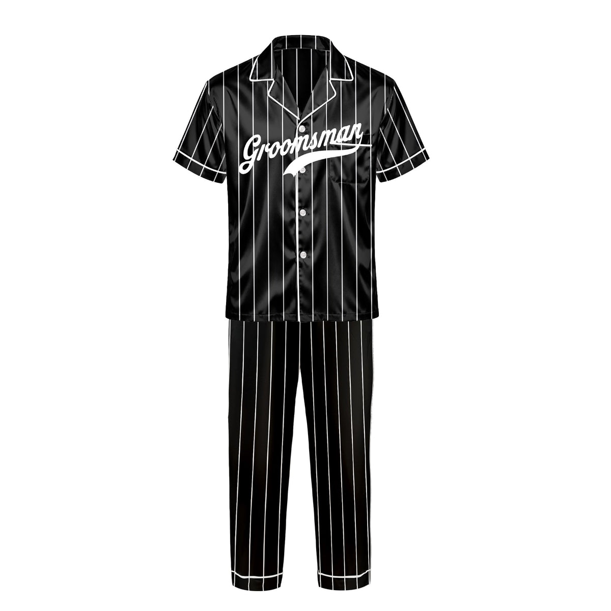 Detailed front view of black pinstripe personalized pajama set