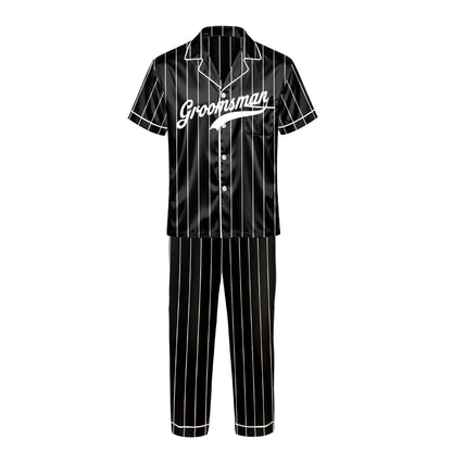 Detailed front view of black pinstripe personalized pajama set