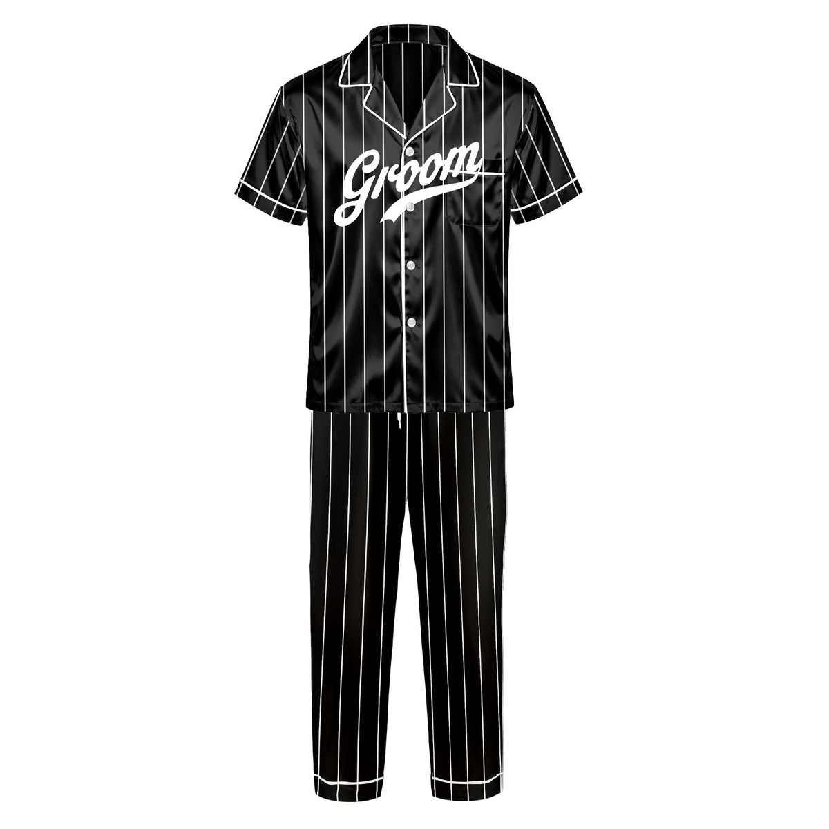 Personalized pajama set in black with white pinstripes and wedding role text, front view