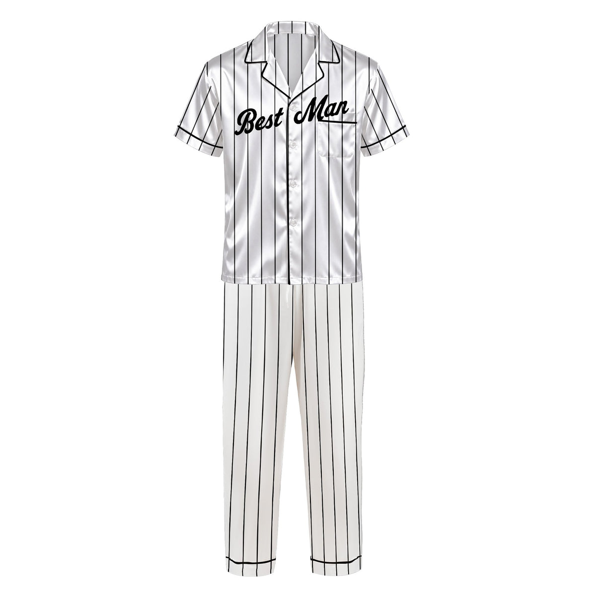 White pinstripe personalized pajama set for wedding, alternate front view