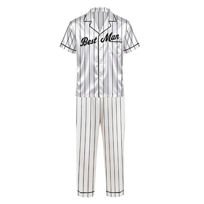 White pinstripe personalized pajama set for wedding, alternate front view