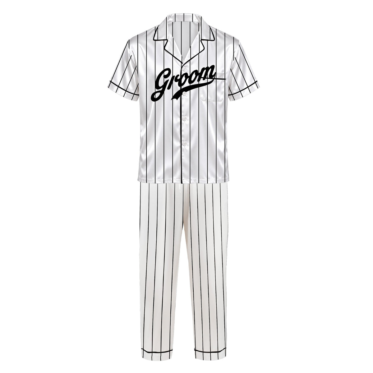 White pinstripe wedding pajama set featuring custom front design, additional front view