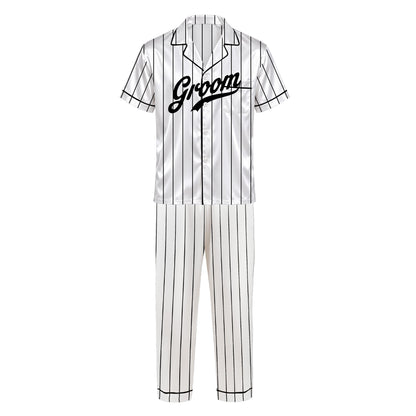 White pinstripe wedding pajama set featuring custom front design, additional front view