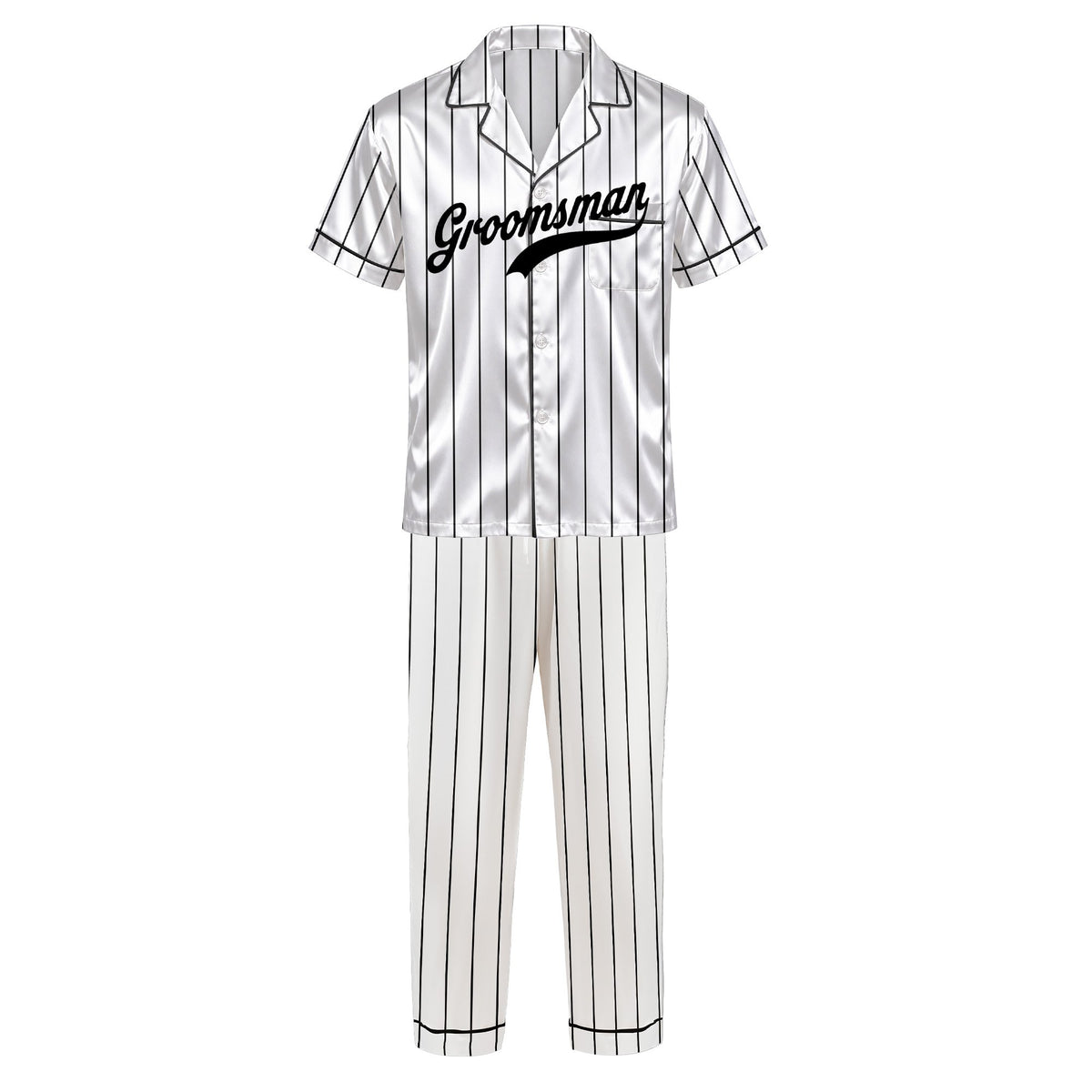 Detailed front view of white pinstripe personalized pajama set