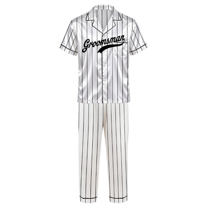 Detailed front view of white pinstripe personalized pajama set