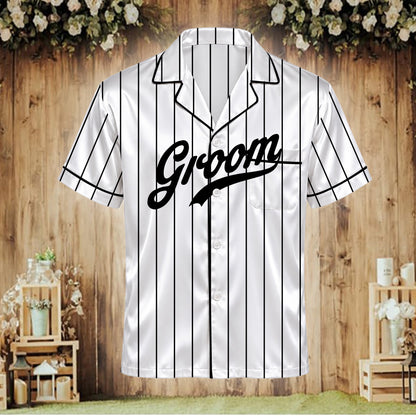 White personalized pajama set with black pinstripes and wedding role text, front view